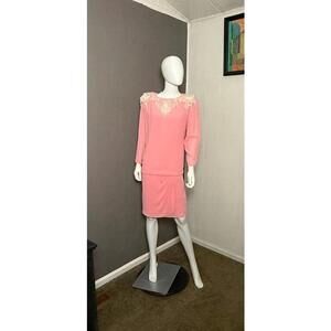 1980’s Bright Bubblegum Pink Chiffon Dress by Ursula Beaded Lace Collar size 12